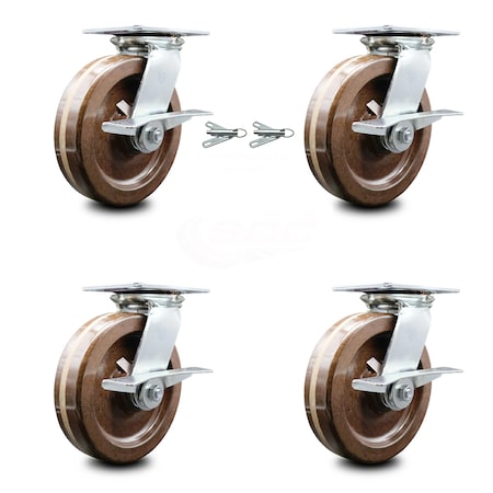 Service Caster 8 Inch High Temp Phenolic Caster Set with Roller Bearing 4 Brake 2 Swivel Lock SCC-35S820-PHRHT-SLB-BSL-2-SLB-2